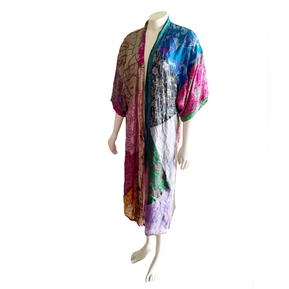 Sacred Threads Silk Kimono Robe Multicolor Patchwork Small - Picture 7 of 16